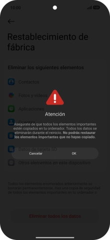Pulsa OK. Espera unos instantes mientras el teléfono restablece la configuración predeterminada. Sigue las indicaciones de la pantalla para configurar el teléfono y dejarlo listo para su uso.