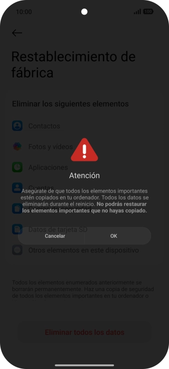 Pulsa OK. Espera unos instantes mientras el teléfono restablece la configuración predeterminada. Sigue las indicaciones de la pantalla para configurar el teléfono y dejarlo listo para su uso.