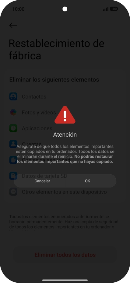 Pulsa OK. Espera unos instantes mientras el teléfono restablece la configuración predeterminada. Sigue las indicaciones de la pantalla para configurar el teléfono y dejarlo listo para su uso.