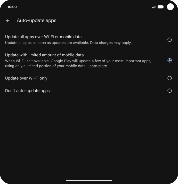 To turn on automatic update of apps using mobile network, press Update all apps over Wi-Fi or mobile data.