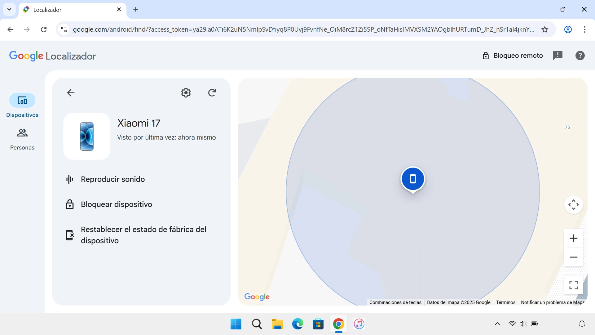 La última posición del teléfono se visualiza en el mapa.