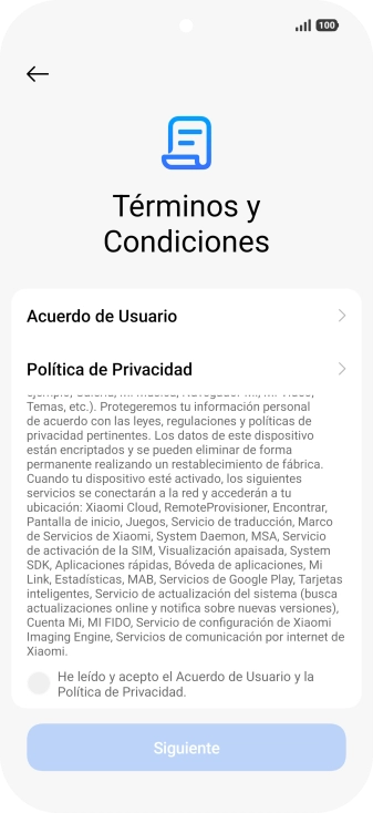 Pulsa en el campo  para aceptar los términos y condiciones.