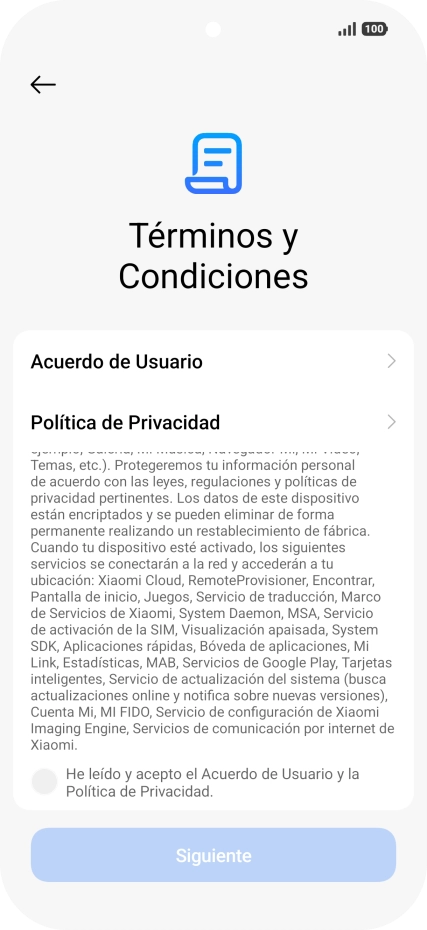 Pulsa en el campo  para aceptar los términos y condiciones.