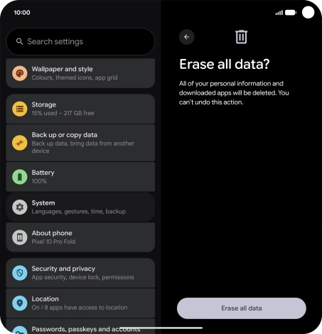 Press Erase all data. Wait a moment while the factory default settings are restored. Follow the instructions on the screen to set up your phone and prepare it for use.