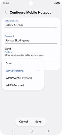 Press WPA3-Personal to password protect your Wi-Fi hotspot. Press WPA3-Personal to password protect your Wi-Fi hotspot.