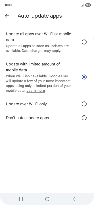 To turn on automatic update of apps using mobile network, press Update all apps over Wi-Fi or mobile data. To turn on automatic update of apps using mobile network, press Update all apps over Wi-Fi or mobile data.