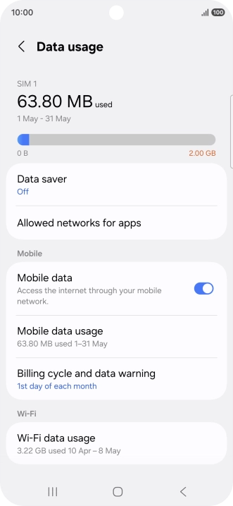 The total data usage is displayed. The total data usage is displayed.