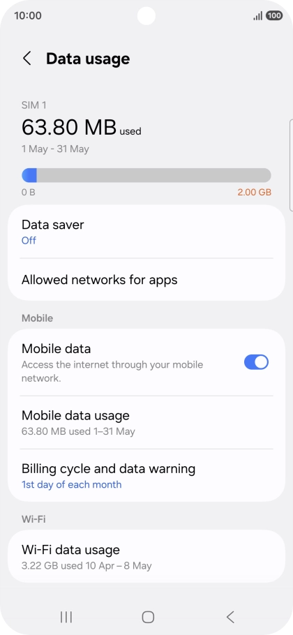 The total data usage is displayed. The total data usage is displayed.