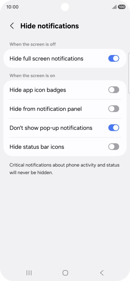 Press the indicators next to the required settings to turn display of the selected notification types on or off. Press the indicators next to the required settings to turn display of the selected notification types on or off.