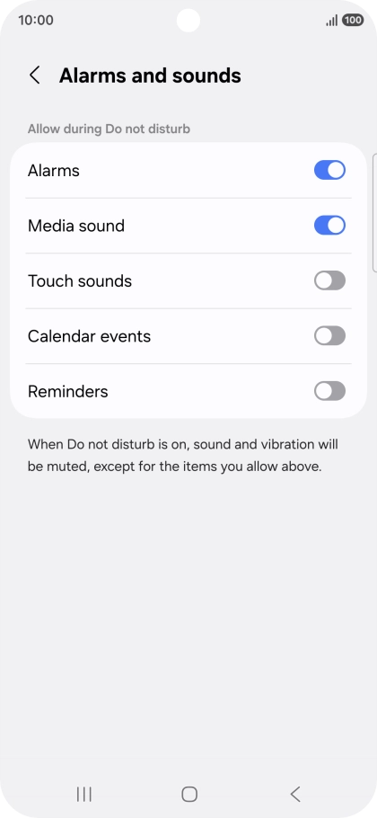 Press the required settings to turn sound and vibration for the selected functions on or off. Press the required settings to turn sound and vibration for the selected functions on or off.