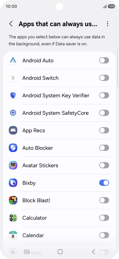 Press the indicators next to the required apps to turn the function on or off.