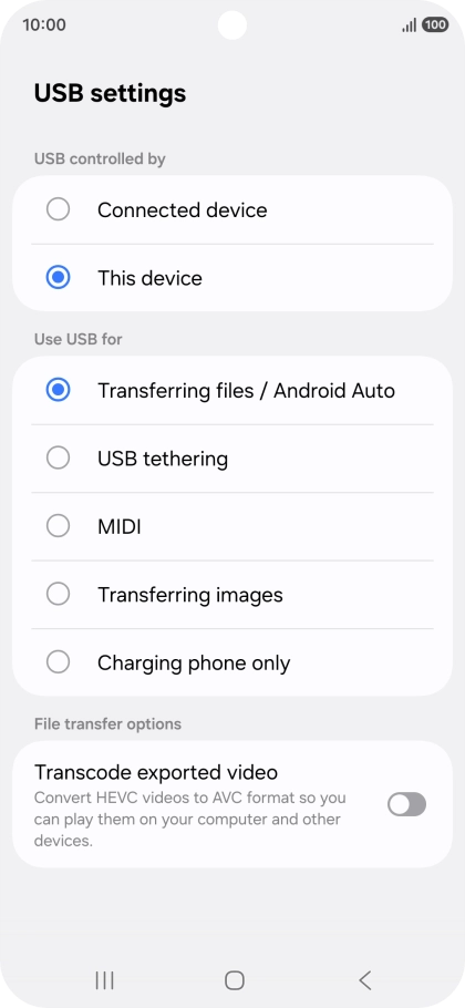 Press Transferring files / Android Auto. Press Transferring files / Android Auto.