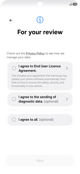 Press the fields next to the required settings to select them. Press the fields next to the required settings to select them.