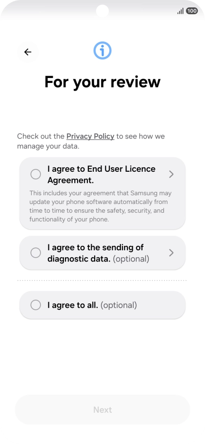 Press the fields next to the required settings to select them. Press the fields next to the required settings to select them.