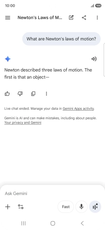 Transcription of the conversation with Gemini Live is now displayed. Transcription of the conversation with Gemini Live is now displayed.