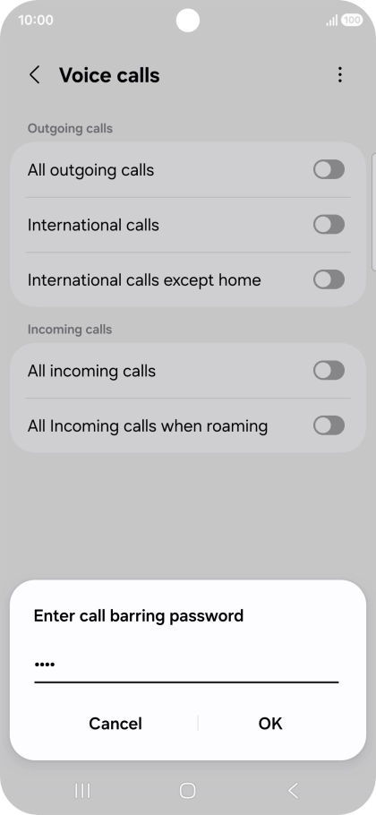 Key in your barring password and press OK. The default barring password is 0000. Key in your barring password and press OK. The default barring password is 0000.