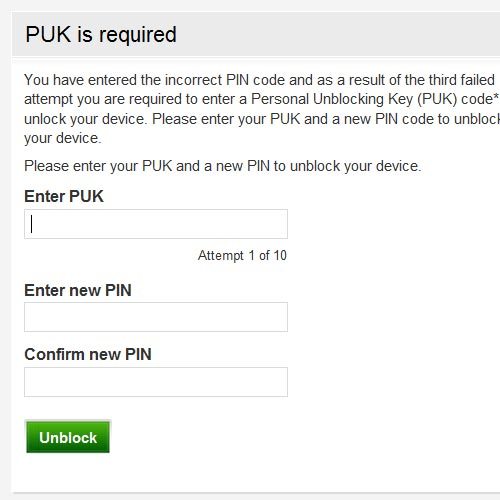 Highlight the field below Enter PUK and key in the PUK.
