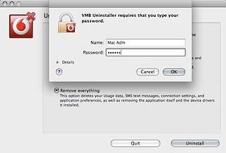 Key in your username and password for the computer and click OK.The USB modem is uninstalled.