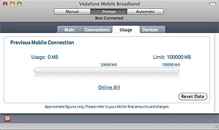 Click Usage.The USB modem application shows you how much you've uploaded and downloaded and the total duration of active internet connections.