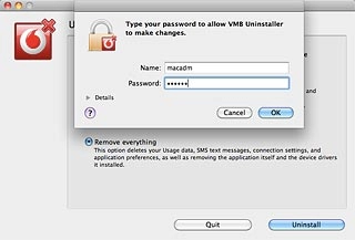 Key in your username and password for the computer and click OK.The USB modem is uninstalled.