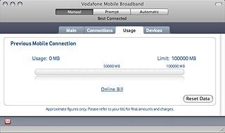 Click Usage.The USB modem application shows you how much you've uploaded and downloaded and the total duration of active internet connections.