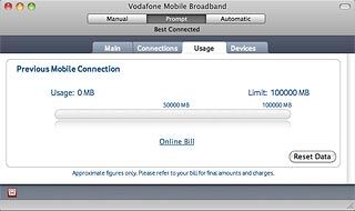 Click Usage.The USB modem application shows you how much you've uploaded and downloaded and the total duration of active internet connections.