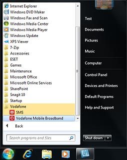 Click Vodafone Mobile Broadband.The USB modem application is started.