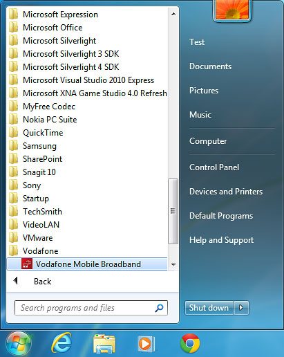 Click Vodafone Mobile Broadband.The USB modem application is started.