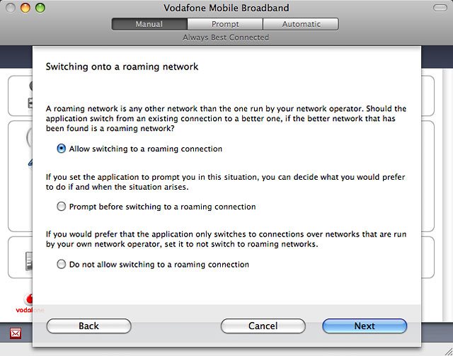 Highlight one of the following options:Allow switching to a roaming connection