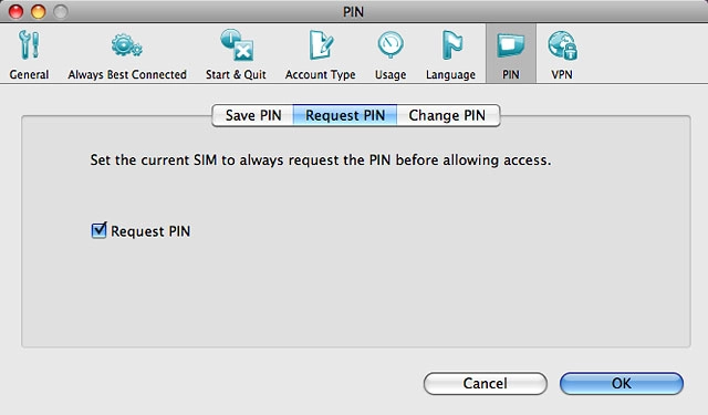 Click Request PIN to turn the function on or off.