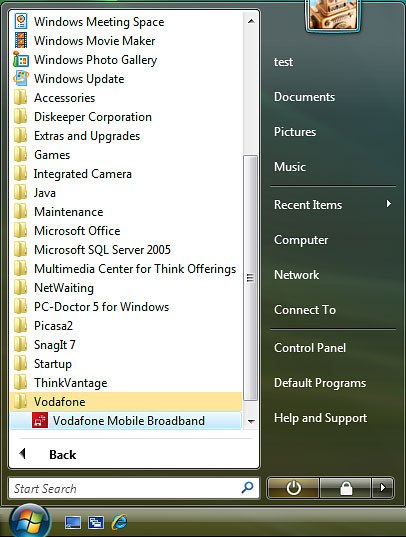 Click Vodafone Mobile Broadband.The USB modem application is started.