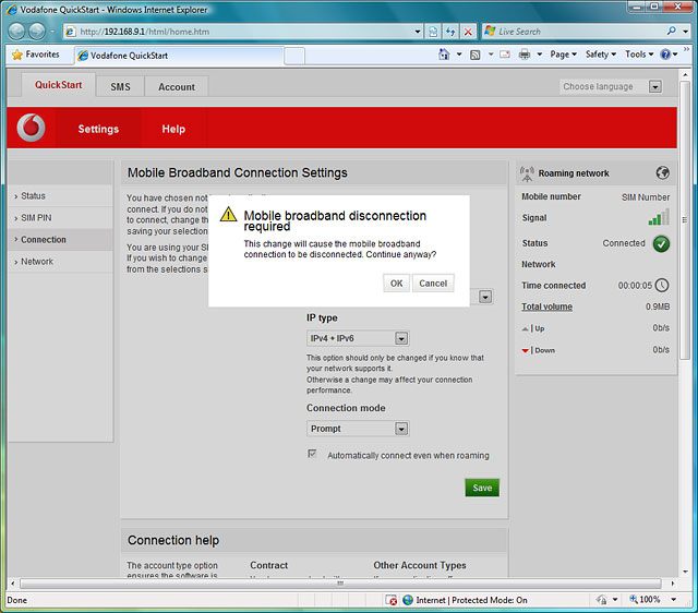 If a connection to the internet has been established:Press OK to end the connection.