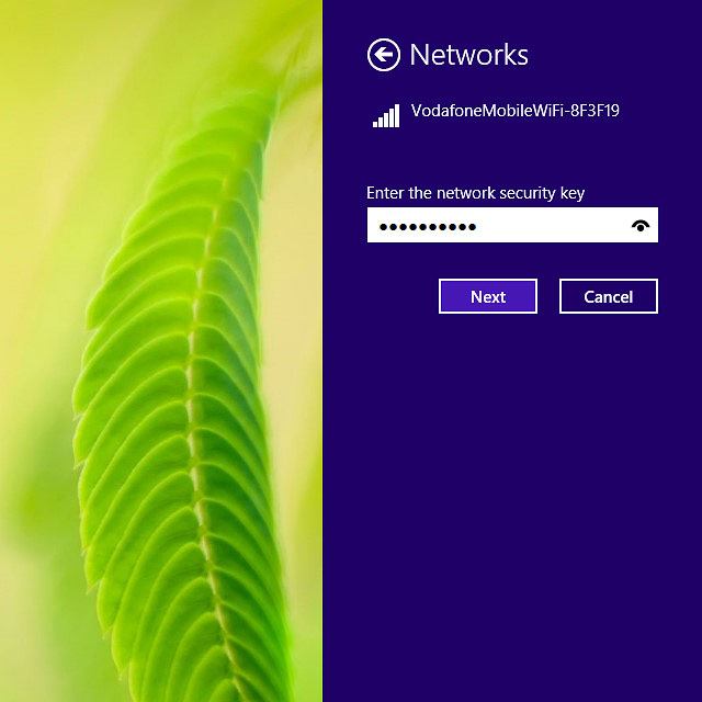 Key in the password for your Wi-Fi hotspot and click Next.A connection to your Wi-Fi hotspot is established.