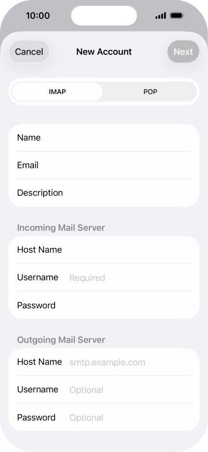 Press Username and key in the username for your email account. Press Username and key in the username for your email account.