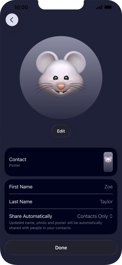 Press the name fields and follow the instructions on the screen to edit your name on the Contact Poster.