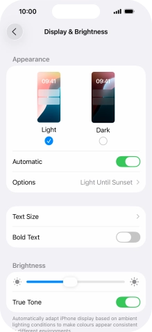 If you turn on the function, press Options and follow the instructions on the screen to select the required period of time for Dark Mode. If you turn on the function, press Options and follow the instructions on the screen to select the required period of time for Dark Mode.