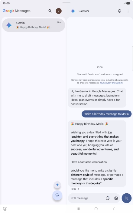 The text suggestion from Gemini is displayed.