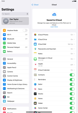 Press the indicators next to the required data types to turn synchronisation of each data type on or off.