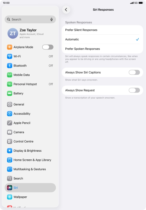 Press the required setting.