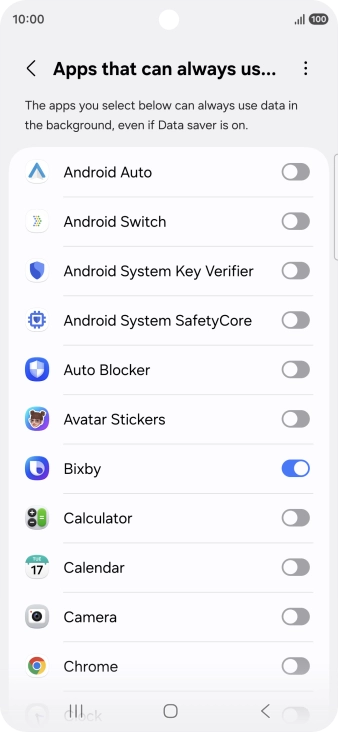 Press the indicators next to the required apps to turn the function on or off.