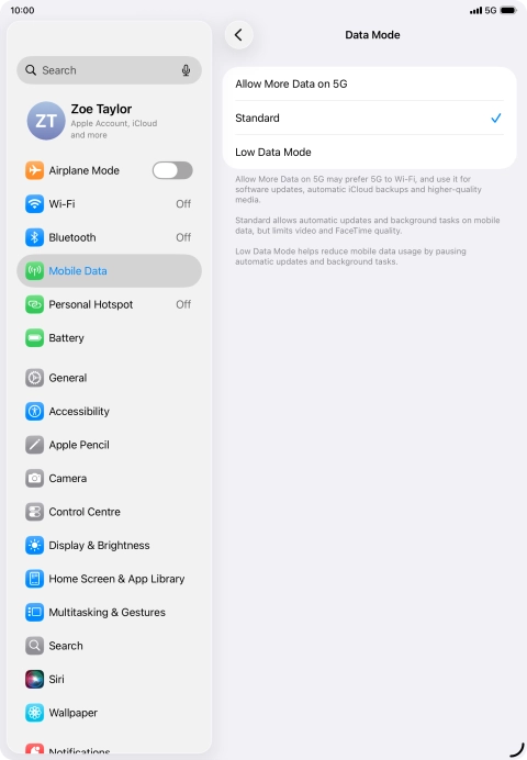 Press the required setting to turn the function on or off.