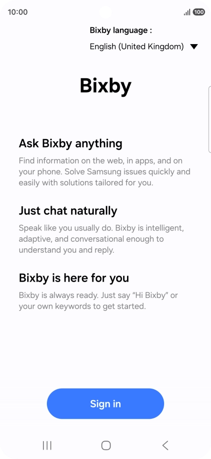 Press Sign in and follow the instructions on the screen to log on to your Samsung account.