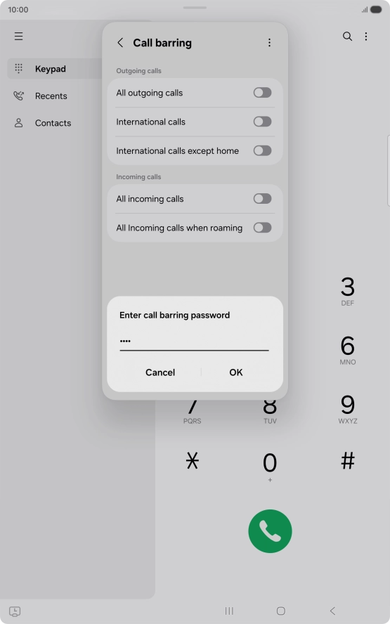 Key in your barring password and press OK. The default barring password is 1919.