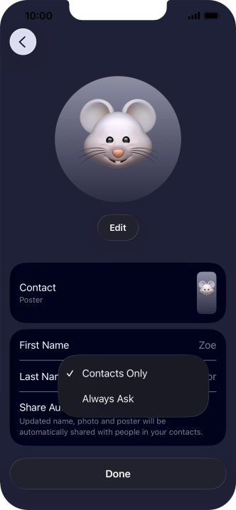 Press the required setting.