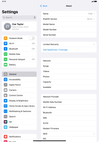 Your tablet's software version is displayed next to iPadOS Version.