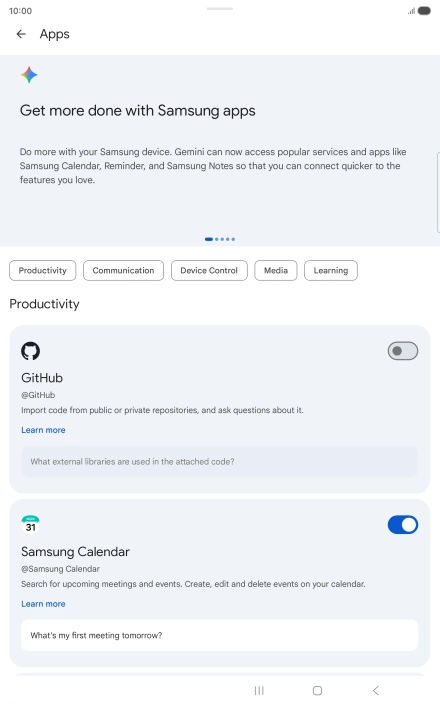 Press the indicator next to the required extension to turn on the function.