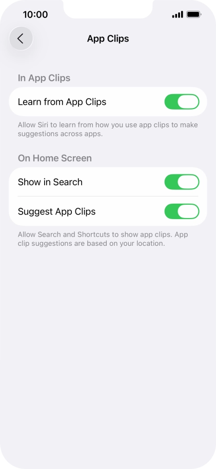 Press the indicators next to the required settings to turn them on or off.