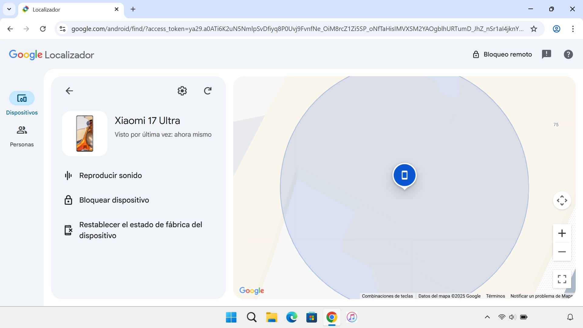 La última posición del teléfono se visualiza en el mapa.