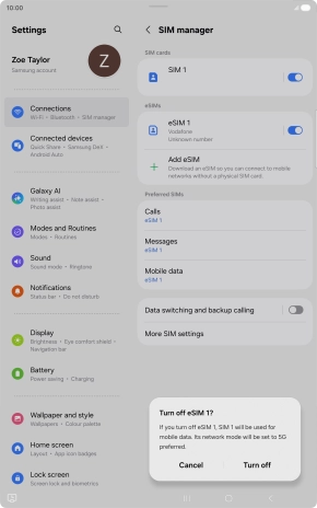 If you turn off eSIM, press Turn off.