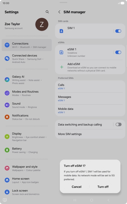 If you turn off eSIM, press Turn off.